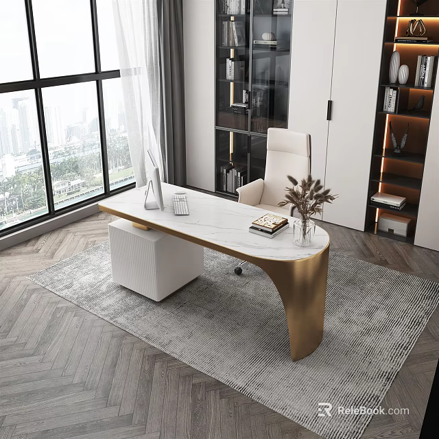 Modern Office Desk With White Top Gold Curved Legs Book Vase And Chair By Window 3d model 