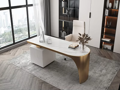 Modern Office Desk With White Top Gold Curved Legs Book Vase And Chair By Window 3d model