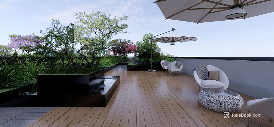 Serene Roof Garden With Wooden Deck Green Plants Trees Umbrella Seating And Water Feature 3d model 