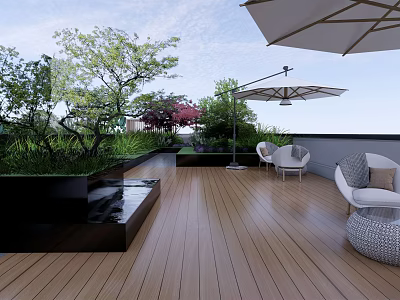 Serene Roof Garden With Wooden Deck Green Plants Trees Umbrella Seating And Water Feature 3d model