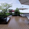 Serene Roof Garden With Wooden Deck Green Plants Trees Umbrella Seating And Water Feature