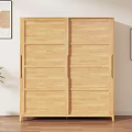 Light Wood Sliding Door Wardrobe In Minimalist Room With Wooden Floor And Wall Art