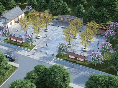 Traditional Chinese Courtyard Landscape With Ancient Architecture Purple Flower Trees And Greenery Walkways 3d model