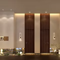 Modern Elevator Hallway With Decorative Paintings Green Plants And Dark Tiled Floor
