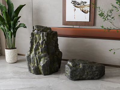 Natural Stone Sculptures With Green Plants And Framed Wall Art 3d model