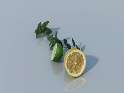 Fresh Citrus Fruits With Half Sliced Lemon Whole Lime And Mint Leaves 3d model