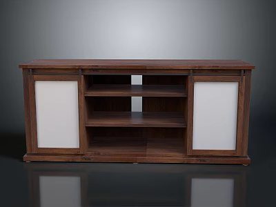 Wooden TV Stand With White Panel Cabinet Doors And Open Shelves 3d model