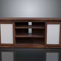 Wooden TV Stand With White Panel Cabinet Doors And Open Shelves