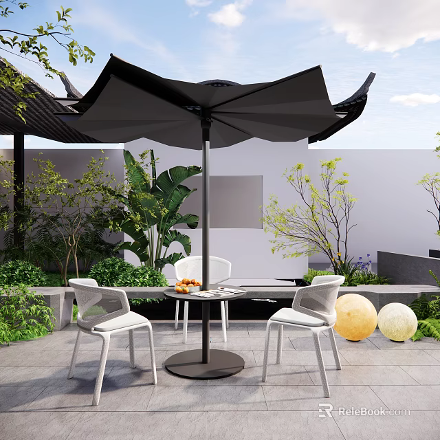 Garden Outdoor Table and Chairs Set with White Chairs Black Umbrella Round Table Green Plants 3d model 