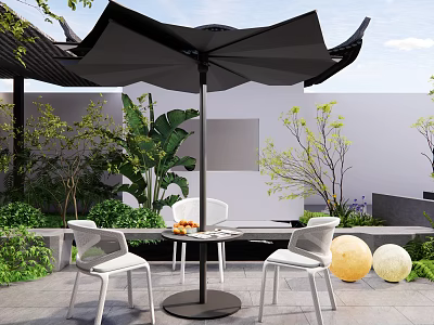 Garden Outdoor Table and Chairs Set with White Chairs Black Umbrella Round Table Green Plants 3d model