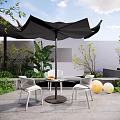 Garden Outdoor Table and Chairs Set with White Chairs Black Umbrella Round Table Green Plants