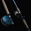 Two Modern Fishing Rods With Wooden Handles Blue Shafts Reels And Fishing Line