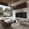 Modern Living Room Interior With Large Windows Garden View Chandelier TV Wall Fireplace And Sofa