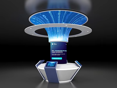 Futuristic Tech Display Kiosk With Circular Blue Data Flow And Interactive Screen 3d model