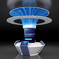 Futuristic Tech Display Kiosk With Circular Blue Data Flow And Interactive Screen