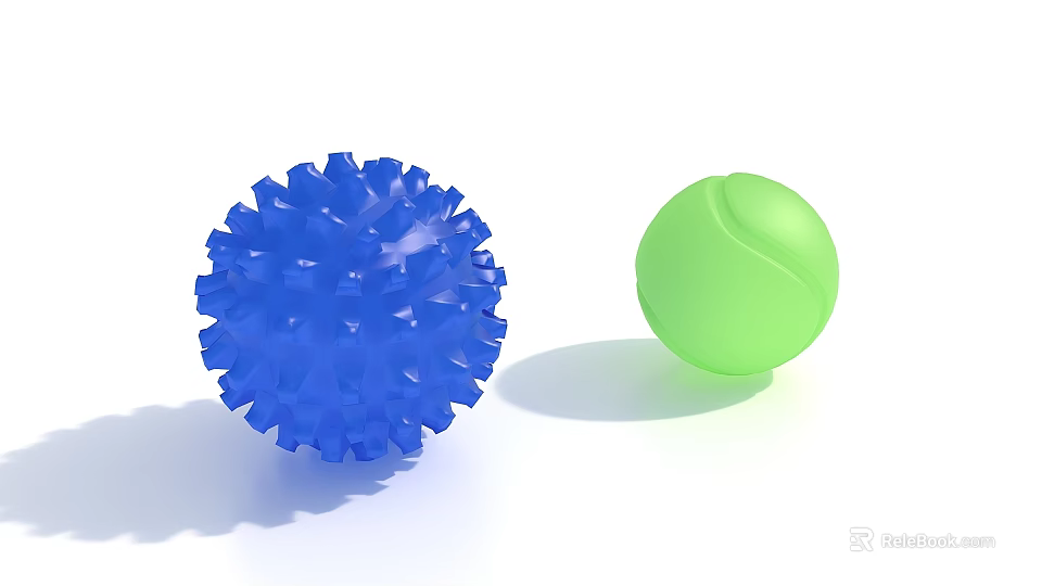 Blue Spiky Decorative Ball And Green Tennis Like Ball On White Background 3d model 