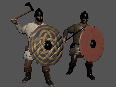 Medieval Men In Historical Clothing Wearing Helmets Holding Axe And Shields 3d model
