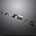 Metallic Mechanical Components Display With Rectangular Purple Silver And Circular Parts
