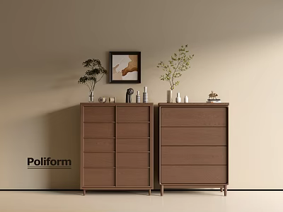 Poliform Modern Brown Wooden Entryway Cabinet And Side Cabinet Design With Decorative Plants 3d model