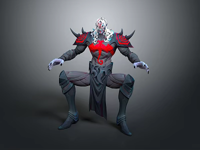 White Head Character In Red Black Armor With Red Heart On Chest Crouching Posture Robe 3d model