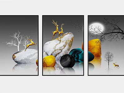 Three Panel Decorative Wall Art with Golden Deer Marble Stone and Full Moon Water Reflection 3d model