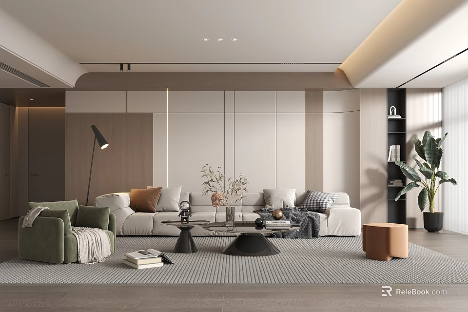 Modern Living Room Interior Design With Neutral Sofa Area Rug Floor Lamp And Potted Plants 3d model 