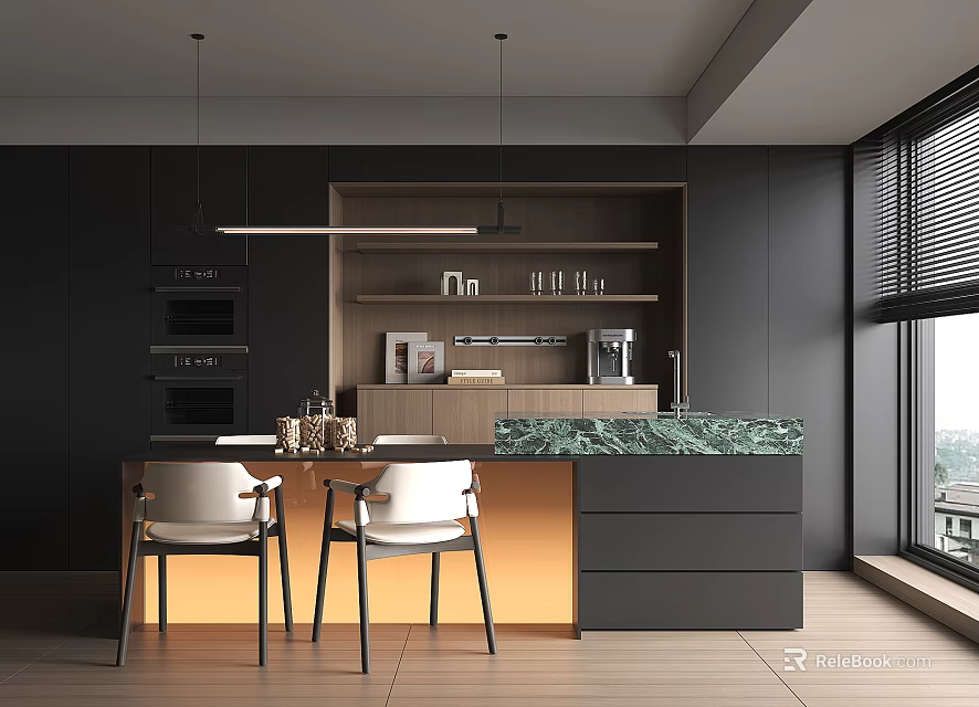 Modern Restaurant Open Kitchen Interior Design With Island Counter And Appliances 3d model 