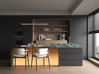 Modern Restaurant Open Kitchen Interior Design With Island Counter And Appliances 3d model