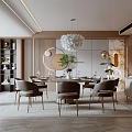Modern Restaurant Interior With Round Dining Table Gray Chairs White Pendant Light And Decorative Elements 3d model