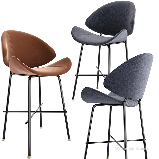 Modern Upholstered Bar Stools With Brown And Gray Seats And Black Metal Legs 3d model 