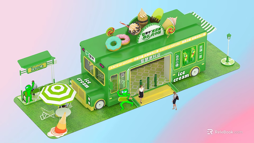 Green Ice Cream Truck With Ice Cream Dessert Decorations And Striped Umbrella Outdoor 3d model 