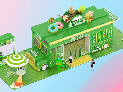 Green Ice Cream Truck With Ice Cream Dessert Decorations And Striped Umbrella Outdoor 3d model