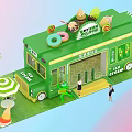 Green Ice Cream Truck With Ice Cream Dessert Decorations And Striped Umbrella Outdoor