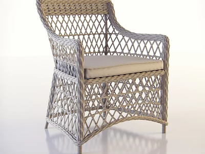 Stylish Wicker Armchair With Woven Rattan Structure And Beige Seat Cushion 3d model