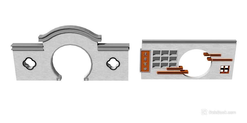 Traditional Chinese Scenic Wall With Circular Doorway Lattice Panels And Carved Patterns 3d model 