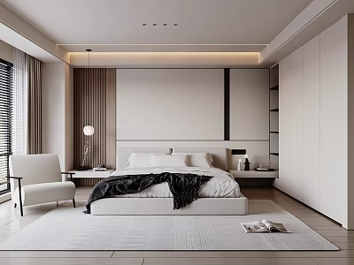Modern Bedroom Interior Design With Platform Bed Wardrobe Accent Chair Area Rug And Table Lamp 3d model