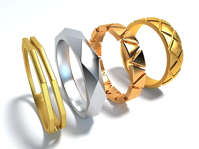 Modern Gold And Silver Rings With Geometric Patterns And Sleek Designs 3d model