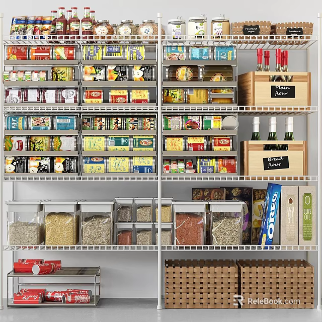 Organized Display Shelves With Various Food Items Grains Bottled Goods And Sealed Containers 3d model 