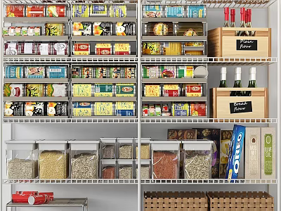 Organized Display Shelves With Various Food Items Grains Bottled Goods And Sealed Containers 3d model