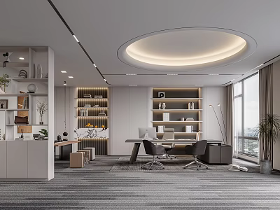 Modern Office Interior Design With Open Layout Bookshelves Desk And Large Windows 3d model