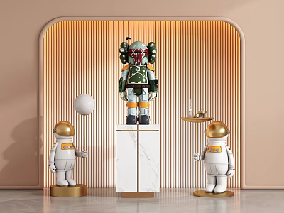 Contemporary Sculpture Display With Central Artwork Two Gold Helmet Figures Marble Pedestal And Striped Wall 3d model