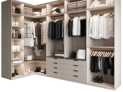 Modern Wardrobe Interior With Hanging Rods Drawers Shelves And Shoe Storage For Clothing Bags Hats 3d model