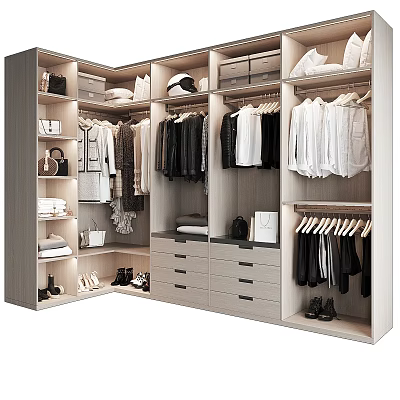 Modern Wardrobe Interior With Hanging Rods Drawers Shelves And Shoe Storage For Clothing Bags Hats 3d model