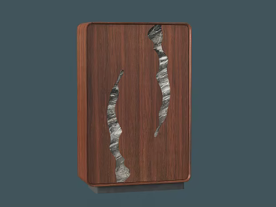 Wooden Decorative Cabinet In Brown With Curved Silver Decorative Door Strips 3d model