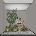 Indoor Landscape Interior With White Deer Sculpture Pink Doll Green Plants Stones And Glowing Lights