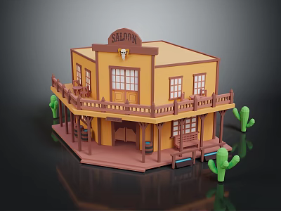 Cartoon Vintage Western Saloon Scene With Yellow Wooden Building Balcony And Cacti 3d model