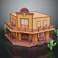 Cartoon Vintage Western Saloon Scene With Yellow Wooden Building Balcony And Cacti