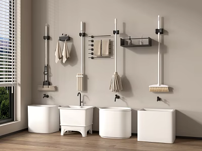 White Bathroom Accessories With Wall Mounted Mop Racks Towels And Washbasins 3d model