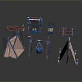 Outdoor Wooden Camping Furniture Collection With Swing Tent Shelves And Campfire