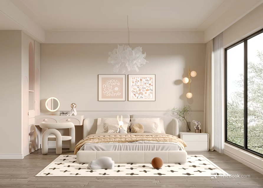 Cozy Kids Room Interior With Soft Tones Bed Decorative Art Chandelier And Rug 3d model 
